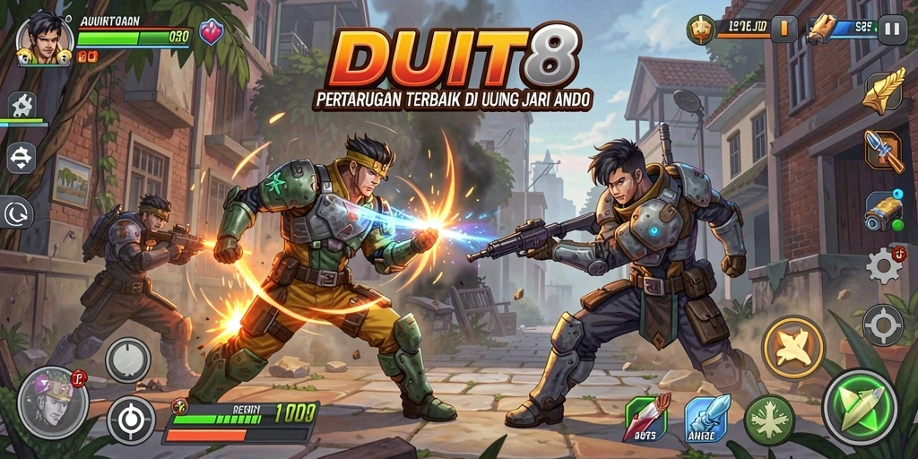 Screenshot utama DUIT8 menampilkan aksi pertarungan yang seru dan intens.