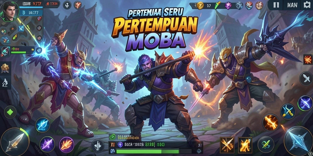 Screenshot gameplay seru dari IDR77, menunjukkan pertempuran intens di arena MOBA.