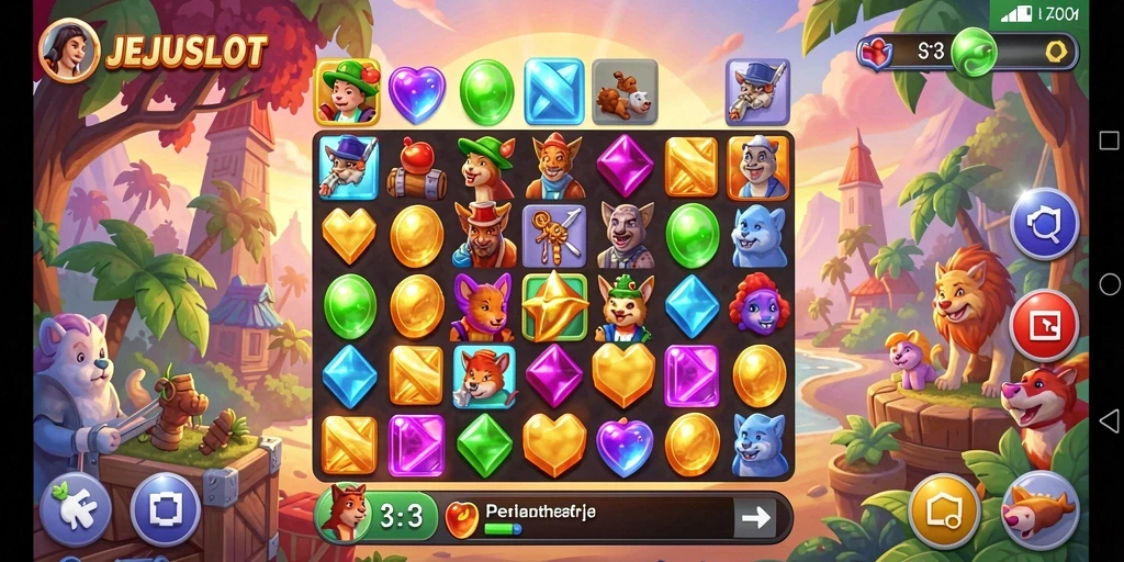 Tampilan seru gameplay JEJUSLOT yang menantang pemain Match-3.
