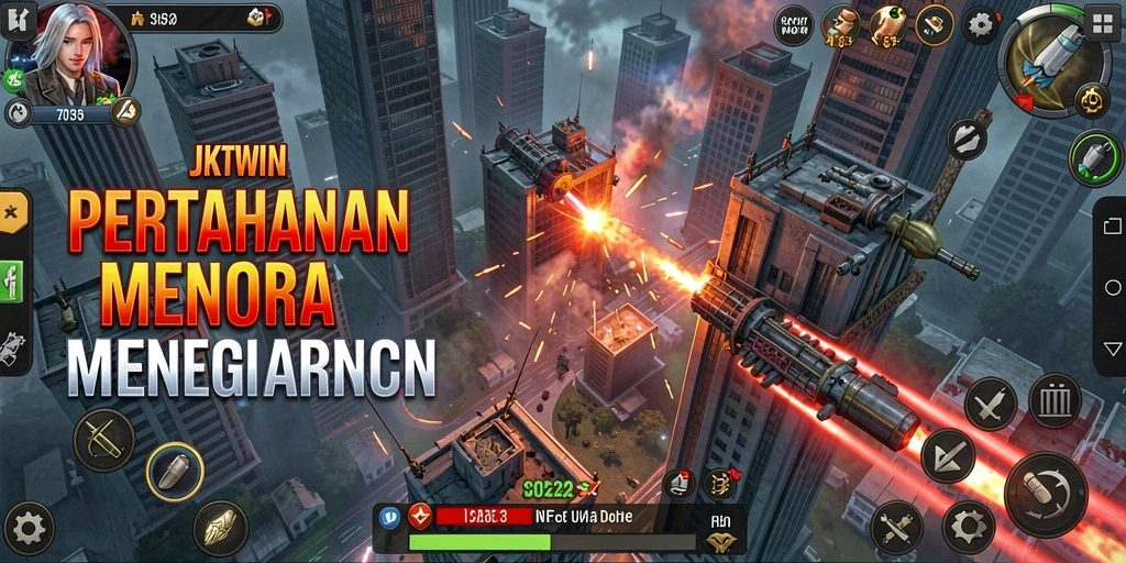 Screenshot permainan JKTWIN menampilkan aksi menara pertahanan melawan serangan musuh.