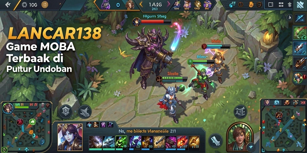 Screenshot LANCAR138 menunjukkan pertarungan intens antara tim di arena MOBA.