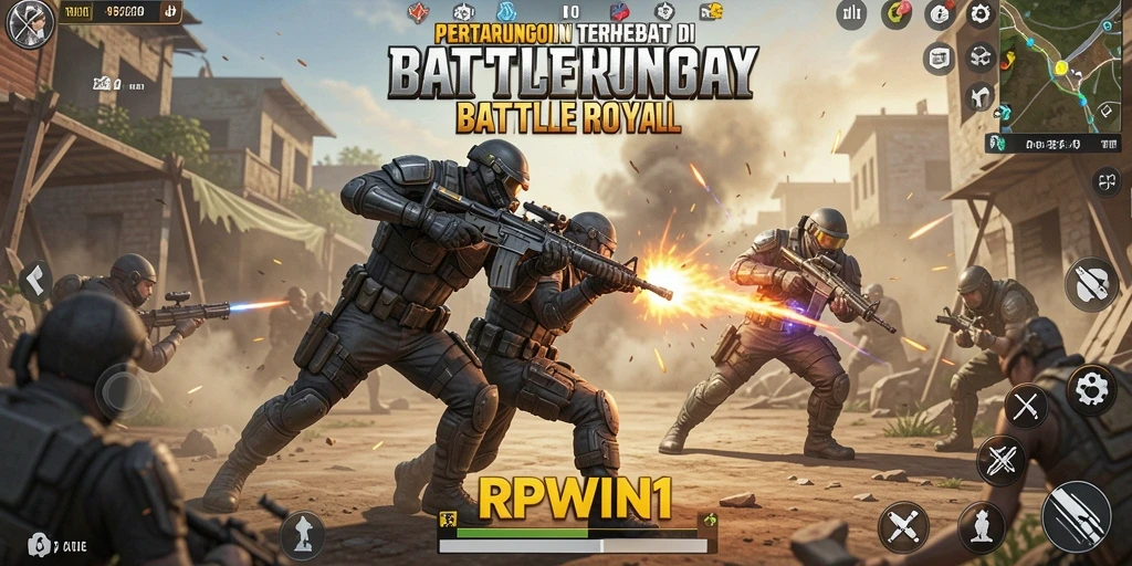 Tangkapan layar utama RPWIN1 menunjukkan aksi Battle Royale yang mendebarkan.