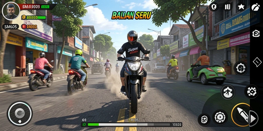 Tampilan gameplay menegangkan dari SM605 saat balapan di jalanan.